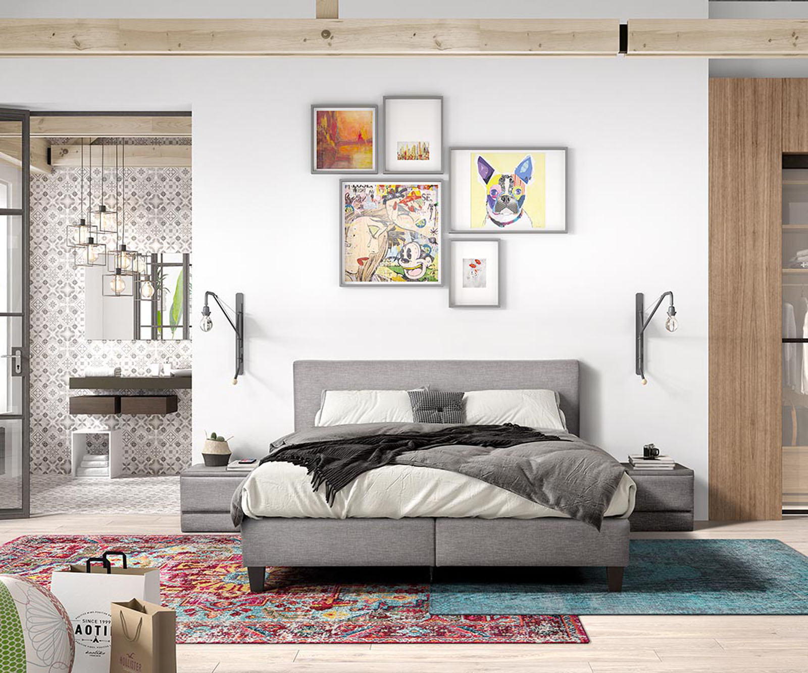 Boxspring Revor gris anthracite, ambiance chambre chaleureuse et cocooning